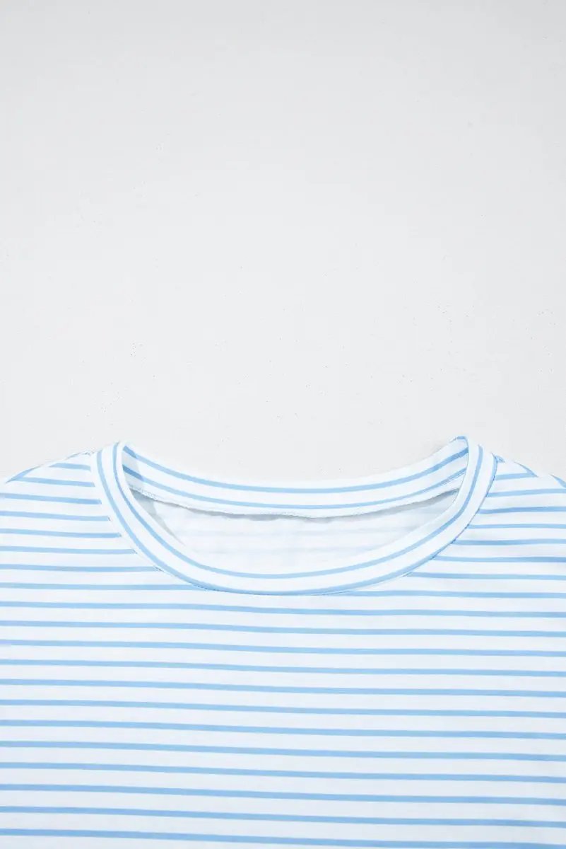 Sky Blue Stripe Three Quarter Floral Puff Sleeve Patchwork Drop Shoulder Top - Love Salve